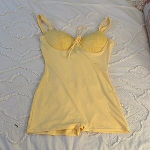 Fashion Nova Yellow Lace-Trim Slip Romper